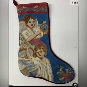 100% Wool Embroidered Angel Christmas Stocking Velvet Cranberry Back